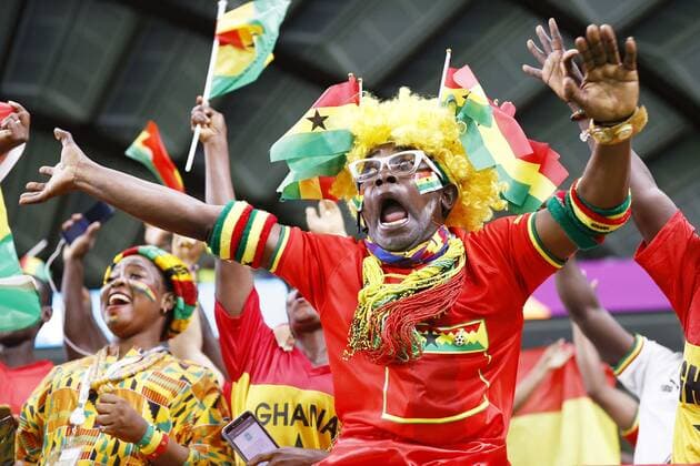 Football World Cup in Qatar Ghana supporters cheer ahead of a World Cup Group H football match against Uruguay at Al Janoub Stadium in Al Wakrah, Qatar, on Dec. 2, 2022.  A14AA0001369448P 