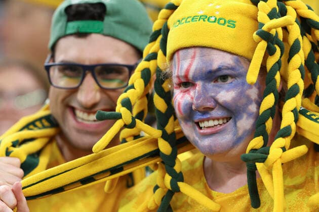 (221203) -- AL RAYYAN, Dec. 3, 2022 -- Fans of Australia pose for photos before the Round of 16 match between Argentina and Australia at the 2022 FIFA World Cup, WM, Weltmeisterschaft, Fussball at Ahmad Bin Ali Stadium in Al Rayyan, Qatar, Dec. 3, 2022. ) (SP)QATAR-AL RAYYAN-2022 WORLD CUP-ROUND OF 16-ARG VS AUS HanxYan 