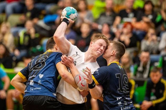 (L-R) Ensar Mehic of Gracanica, Adam Ptacnik of Karvina and Azer Music of Gracanica in action during the men s Handball European Cup 3th round opening game Union Karvina vs Gracanica in Karvina, Czech Republic, December 3, 2022. (CTKxPhoto VladimirxPrycek) CTKPhotoP2022120305643  P2022120305643