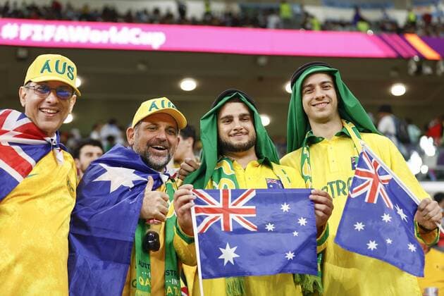 Football World Cup in Qatar Australia supporters cheer ahead of a World Cup round of 16 football match between Argentina and Australia at Ahmad Bin Ali Stadium in Al Rayyan, Qatar, on Dec. 3, 2022.  A14AA0001369939P 
