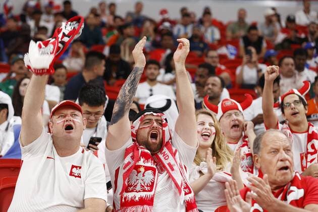 Football World Cup in Qatar Supporters of Poland cheer ahead of a World Cup round of 16 football match against France at Al Thumama Stadium in Doha, Qatar, on Dec. 4, 2022.  A14AA0001370468P 