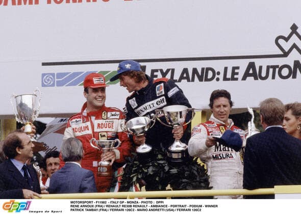 MOTORSPORT - F1 1982 - ITALY GP - MONZA - PHOTO : DPPI RENE ARNOUX (FRA) RENAULT RE30B RENAULT - AMBIANCE - PORTRAIT - PODIUM - WINNER PATRICK TAMBAY (FRA) FERRARI 126C2 - MARIO ANDRETTI (USA) FERRARI 126C2 MOTORSPORT RENE ARNOUX DPPI Panoramic  1982_ITALY_ARNOUX_3.jpg