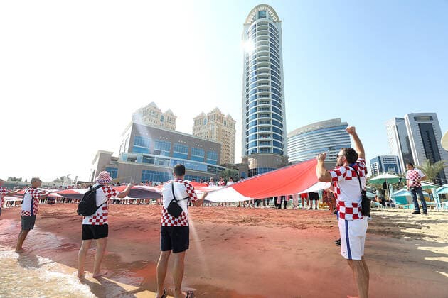 200-meter-long Croatian flag Croatian fans unfurled a 200-meter-long flag in front of the Hilton Hotel in Doha, Qatar on December 5, 2022. GoranxStanzl PIXSELL