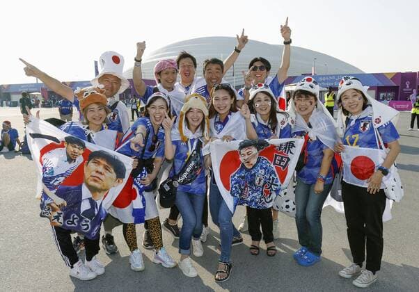 Football World Cup in Qatar Japan supporters gather for a group photo near Al Janoub Stadium in Al Wakrah, Qatar, on Dec. 5, 2022, ahead of a World Cup round of 16 football match against Croatia.  A14AA0001370583P 