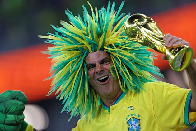 5th December 2022; Stadium 974, Ras Abu Aboud, Doha, Qatar: FIFA World Cup, WM, Weltmeisterschaft, Fussball final 16 round, Brazil versus South Korea: Fan of Brazil in head dress  ActionPlus12456412 HeulerxAndrey Content restricted for UK based newspaper