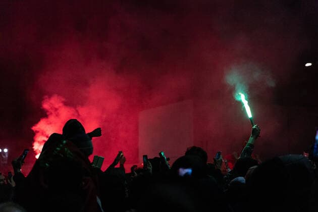 Moroccan fans celebrate in the center of Brussels, after a soccer game between the 1 8 final game between Morocco and Spain, at the FIFA 2022 World Cup, on Tuesday 06 December 2022. JAMESxARTHURxGEKIERE  x55348209x