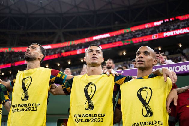 221206 Goalkeeper Rui Patricio, Cristiano Ronaldo and Joao Mario of Portugal on the bench during the national anthem ahead of the FIFA World Cup, WM, Weltmeisterschaft, Fussball 2022 round of 16 football match between Portugal and Switzerland on December 6, 2022 in Doha. Photo: Joel Marklund BILDBYRAN kod JM JM0405 bbeng fotboll football soccer fotball vm fotbolls-vm fotball-vm fotbolls-vm 2022 fifa world cup 2022 attondelsfinal round of 16 portugal schweiz switzerland Copyright: JOELxMARKLUND BB221206JM041