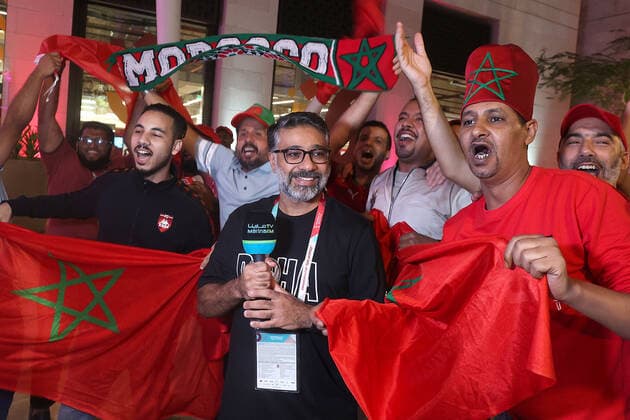 Morocco supporters - FIFA World Cup, WM, Weltmeisterschaft, Fussball Qatar 2022 Morocco fans celebrate after their team s victory against Spain in the 2022 Qatar World Cup Round of 16, in Doha, Qatar, on December 6, 2022. GoranxStanzl PIXSELL