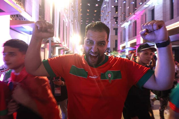 Morocco supporters - FIFA World Cup, WM, Weltmeisterschaft, Fussball Qatar 2022 Morocco fans celebrate after their team s victory against Spain in the 2022 Qatar World Cup Round of 16, in Doha, Qatar, on December 6, 2022. GoranxStanzl PIXSELL