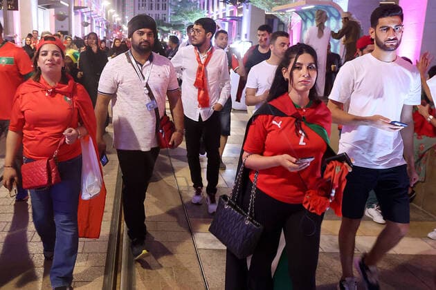 Morocco supporters - FIFA World Cup, WM, Weltmeisterschaft, Fussball Qatar 2022 Morocco fans celebrate after their team s victory against Spain in the 2022 Qatar World Cup Round of 16, in Doha, Qatar, on December 6, 2022. GoranxStanzl PIXSELL