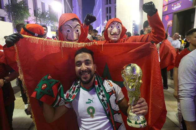Morocco supporters - FIFA World Cup, WM, Weltmeisterschaft, Fussball Qatar 2022 Morocco fans celebrate after their team s victory against Spain in the 2022 Qatar World Cup Round of 16, in Doha, Qatar, on December 6, 2022. GoranxStanzl PIXSELL