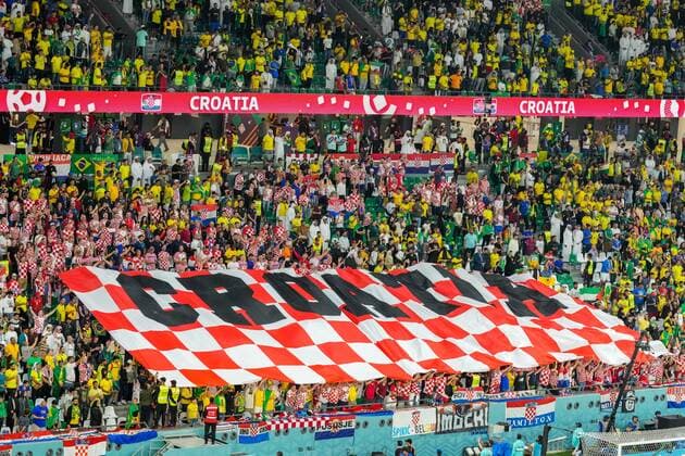 Mandatory Credit: Photo by Dave Shopland Shutterstock (13655756di) Croatia fans display a giant Croatia banner Croatia v Brazil, FIFA World Cup, WM, Weltmeisterschaft, Fussball 2022, Quarter Final, Football, Education City Stadium, Doha, Qatar - 09 Dec 2022 Editorial Use Only Croatia v Brazil, FIFA World Cup 2022, Quarter Final, Football, Education City Stadium, Doha, Qatar - 09 Dec 2022 Editorial Use Only  Copyright: xDavexShopland Shutterstockx 13655756di