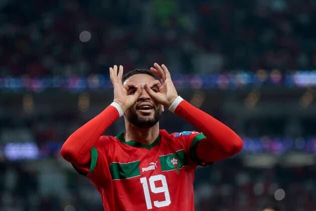 Sport Themen der Woche KW49 Sport Bilder des Tages Youssef En-Nesyri of Morocco celebrates a goal today, in a match of the quarterfinals of the Soccer World Cup Qatar 2022 between Morocco and Portugal at the Al Zumama stadium in Doha, Qatar 10 December 2022. Soccer World Cup 2022: Morocco - Portugal !ACHTUNG: NUR REDAKTIONELLE NUTZUNG!  Copyright: xJUANxIGNACIOxRONCORONIx GR6049 20221210-dddadf2aaba548121f12151a792baf3a6f6624ce