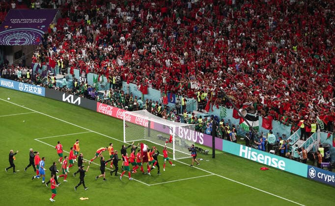 Mandatory Credit: Photo by Michael Zemanek Shutterstock (13655764fc) The Morocco Players celebrate with the fans at full time Morocco v Portugal, FIFA World Cup, WM, Weltmeisterschaft, Fussball 2022, Quarter Final, Football, Al Thumama Stadium, Doha, Qatar - 10 Dec 2022 Editorial Use Only Morocco v Portugal, FIFA World Cup 2022, Quarter Final, Football, Al Thumama Stadium, Doha, Qatar - 10 Dec 2022 Editorial Use Only  Copyright: xMichaelxZemanek Shutterstockx 13655764fc