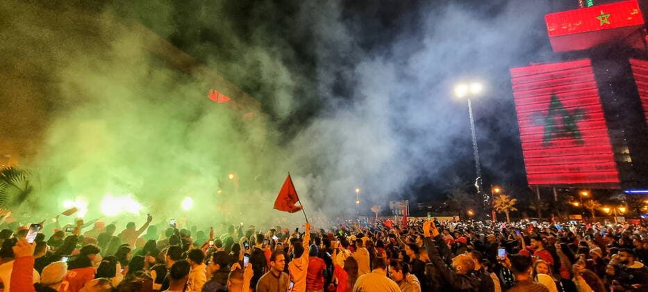 MOROCCO - DECEMBER 10, 2022: Fans celebrate Team Morocco s victory in a 2022 FIFA World Cup, WM, Weltmeisterschaft, Fussball quarterfinal. Morocco became the first-ever African country to reach the semifinals of the World Cup. Mamed-zade Pervin TASS  56365749