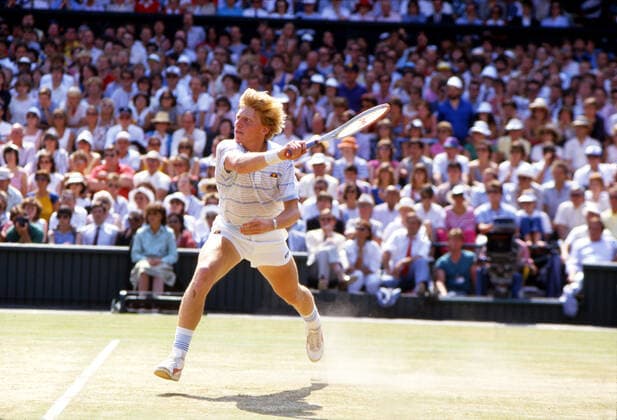 Boris Becker on Centre Court on his way to winning the 1985 Wimbledon Championships. Boris Becker lunges for volley on Centre Court on his way to winning the 1985 Wimbledon Championships.