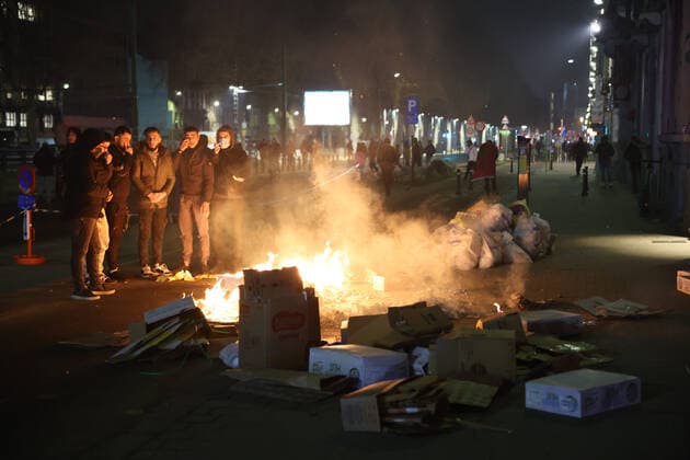 Illustration picture shows police, as small riots break out, in the streets of Brussels city center, after Morocco lost the semi-final match of Morocco vs France, at the FIFA 2022 World Cup, on Wednesday 14 December 2022. JAMESxARTHURxGEKIERE  x56188388x