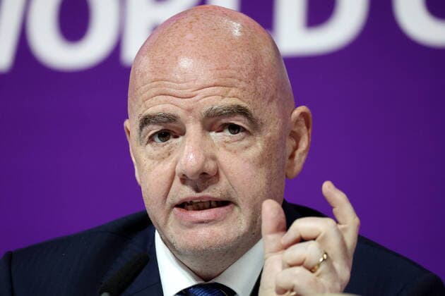 QATAR, DOHA - DECEMBER 16, 2022: FIFA President Gianni Infantino gives a final press conference, PK, Pressekonferenz on the finishing 2022 FIFA World Cup, WM, Weltmeisterschaft, Fussball at the main media center. The 2022 FIFA World Cup takes place in Qatar from November 20 to December 18, 2022. Sergei Bobylev TASS  56445471