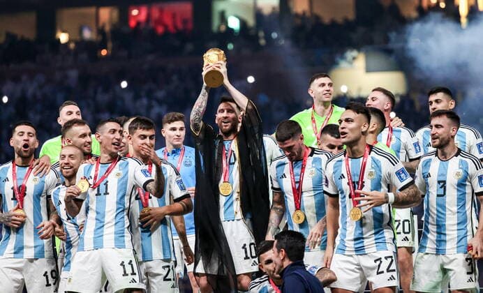 QATAR, LUSAIL - DECEMBER 18, 2022: Team Argentina celebrate during the trophy ceremony for the 2022 FIFA World Cup, WM, Weltmeisterschaft, Fussball final football match between Argentina and France at Lusail Iconic Stadium. Argentina won 3-3 (4-2) in a penalty shootout. Sergei Bobylev TASS  56487729