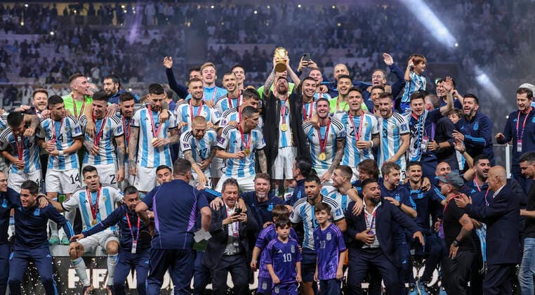 (221218) -- LUSAIL, Dec. 18, 2022 -- Winner Team Argentina celebrate during the awarding ceremony of the 2022 FIFA World Cup, WM, Weltmeisterschaft, Fussball at Lusail Stadium in Lusail, Qatar, Dec. 18, 2022. ) (SP)QATAR-LUSAIL-2022 WORLD CUP-FINAL-ARG VS FRA CaoxCan 