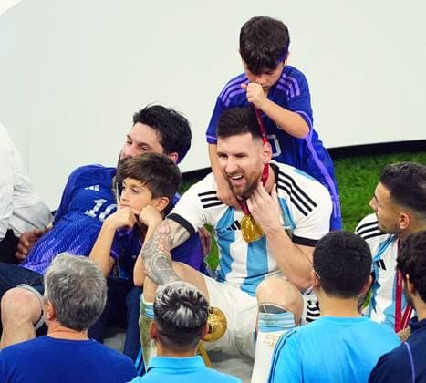 Mandatory Credit: Photo by Javier Garcia Shutterstock (13670815ka) Lionel Messi of Argentina celebrates with his children Argentina v France, FIFA World Cup, WM, Weltmeisterschaft, Fussball 2022, Final, Football, Lusail Stadium, Al Daayen, Qatar - 18 Dec 2022 Editorial Use Only Argentina v France, FIFA World Cup 2022, Final, Football, Lusail Stadium, Al Daayen, Qatar - 18 Dec 2022 Editorial Use Only  Copyright: xJavierxGarcia Shutterstockx 13670815ka