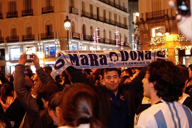Argentina s supporters celebrate the victory in the Football World Cup Qatar 2022 in the Puerta del Sol of Madrid. December 18, 2022. (2022121814)