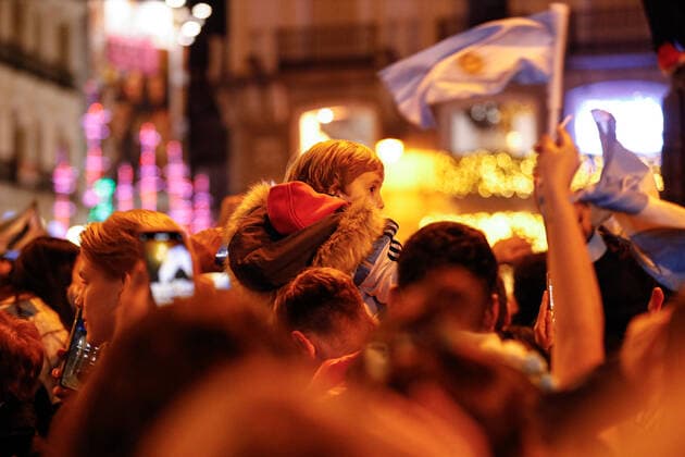 Argentina s supporters celebrate the victory in the Football World Cup Qatar 2022 in the Puerta del Sol of Madrid. December 18, 2022. (2022121823)