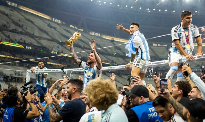 Doha, Qatar. 18th Dec, 2022. Lionel Messi (Arg) celebrates the World Cup title - Lautaro Martinez (Arg), Paulo Dybala (Arg) Argentina - France Final Match Argentinien - Frankreich World Cup 2022 in Qatar 18.12.2022