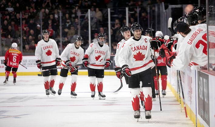 December 19, 2022, Moncton, NB, Canada: Canada™s Shane Wright celebrates a goal against Switzerland during third period IIHF World Junior Hockey Championship pre-tournament hockey action in Moncton, N.B., on Monday, Dec. 19, 2022. Canada News - December 19, 2022  - ZUMAc35_ 20221219_zaf_c35_072 Copyright: xRonxWardx