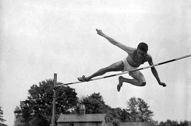 Prince Adedoyin, from the Queen s University Belfast created a new High Jump record of 6ft 2 during the Universities Athletic Union Championships at Motspur Park. 22nd May 1948 Great Britain  Copyright: xTopFotox 0012063