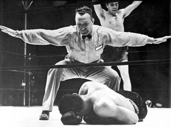Joe Louis Joe Louis, once the mighty Brown Bomber , shown slumbering on the canvas in the 12th and final round of his bout with Max Schmeling in New York 19th June 1936 United States  Copyright: xTopFotox 0012420