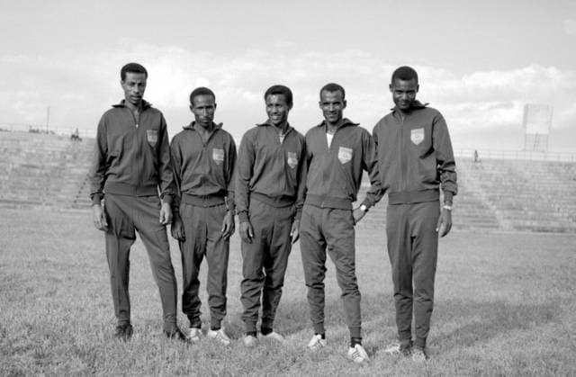 Abebe Bikila Ethiopian athletes who are to participate in the 1964 Olympic Games, Olympische Spiele, Olympia, OS at Tokyo are seen in this picture taken during a training session in Addis Ababa. They are Abebe Bikila; Mamo Wolde; Demissi Wolde; Subsibe Mamo and Tegegn Bezabeh. 25th September 1964. Ethiopia  Copyright: xTopFotox 0061743