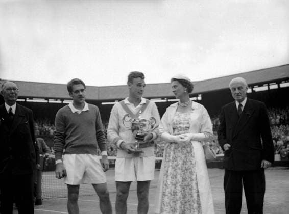 Victor Seixas Victor Seixas US Tennis player seen at Wimbledon after winning the mens singles final against Kurt Nielsen holds the trophy. 3rd July 1953. Great Britain  Copyright: xTopFotox 0062802