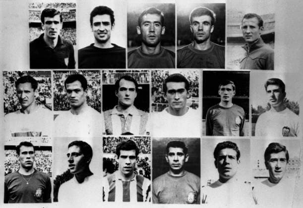 Spanish Team To Meet England. The 17 soccer players named by the Spanish Federation to form the team that will meet England in the European Nations Cup match at Wembley on April 3rd. Left to Right, Top : Jose Angel Iribar; Salvador Sadurni; Manuel Osorio; Antonio Moreno; Francisco Fernandez. Left to Right, Centre : Juan Canos; Francisco Castellanos; C.Saez; Jose Martinez; Ignacio Zoco, and Poli. Left to Right, Bottom : Amancio Amaro; Jose Claramunt; Luis Aragones; Fernando Ansola; Grosso, and Manuel Velazques. 29th March 1968. Spain  Copyright: xTopFotox 0112590