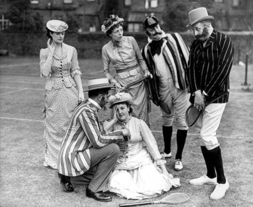 anyone for tennis? Putney Tennis Club celebrate 70th birthday Shocked at Mr Bruce Woodhouse using the expression Damn Mrs L Rowlandson faints and everyone horror sticken rushes to her assistance (left to right) Miss Judy Beaumont Mr Derek Hammett Mrs Godfrey Mr E Godfrey and Mr Bruce Woodhouse 23rd May 1949 Great Britain  Copyright: xTopFotox 0235638