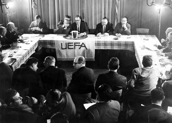 UEFA European Cup competition draws are made in Zurich, Switzerland for the European Cup, European Cup Winners Cup and the Junior Tournament - (l-r) The President of UEFA, M. Wiederkehr and Mr Crahay making the draw. They made the draw for the European Cup, the European cup winners cup and the 1964 Juniors tournament. 18th December 1963 Great Britain  Copyright: xTopFotox 0552145