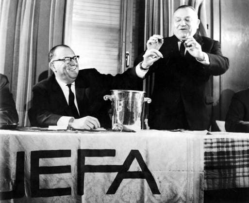 UEFA Draws in Zurich for the European Cup, the European Cup Winners Cup and the 1964 Juniors Tournament. Photo shows:The President of UEFA, M. Wiederkehr and Mr Crahay, making the draw. 18th December 1963 Swaziland  Copyright: xTopFotox 0552398