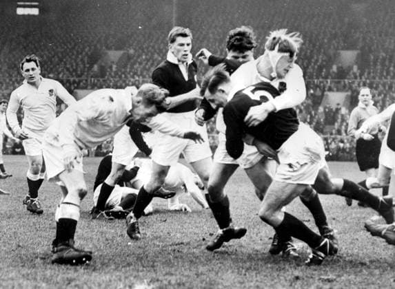 Scotland versus England rugby Edinburgh, Scotland; T.G Weatherstone , Scotland trapped by R.W.D Marques of England on left of closer player in picture is N.S. Bruce and I.R Hastie (behind Marques) H.F McLeod of Scotland and Peter Jackson of England who is tripping Weatherstone. Scotland versus England rugby international match, Länderspiel, Nationalmannschaft at Murrayfields. result 3- 3 Draw. 16th March 1958 Great Britain  Copyright: xTopFotox 0581602