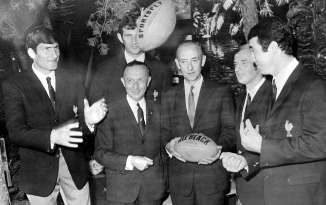 French Rugby Team Paris: French Rugby team met the New Zealand ambassador to France Mr M. Hutchens before leaving for New Zealand (left to right) Walter Spanghero; Benoit Dauga; General Fayet, president of UTA Airways Company; Mr Hutchens; Claude Lacaze and Christian Carrere. 27th June 1968 Great Britain  Copyright: xTopFotox 0581635
