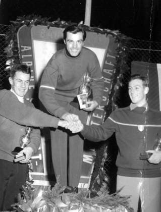 World Alpine Ski Championships Tony Sailer of Austria shakes hands with runners up Roger Staub of Switzerland on left and Jean Vuarnet of France after the World Alpine Ski Championships 11 February 1958 Austria  Copyright: xTopFotox 1136369