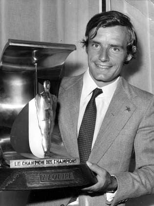 French World Cup alpine ski racer Jean Claude Killy holds up a trophy inscribed with the words Champion des Champions (Champion of Champions) awarded by s newspaper L Equipe. 7 May 1960 France  Copyright: xTopFotox 1327342