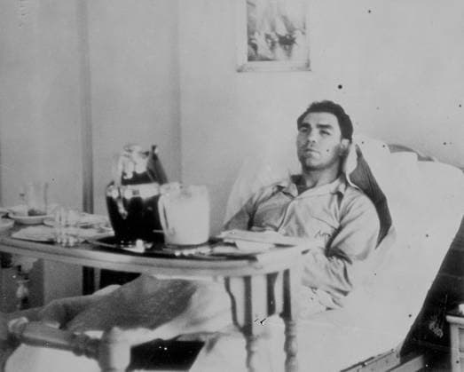 Max Schmeling in Hospital after First Round defeat by Louis. Following his defeat by Joe Louis in the first round of their World Title match in New York, Max Schmeling, the German heavyweight, was taken to hospital with a back injury. It was alleged that the injury was caused by a foul blow, but was later denied. Photo shows, Max Schmeling resting in bed in the New York Polyclinic hospital. 3 July 1938 United States  Copyright: xTopFotox EU053196