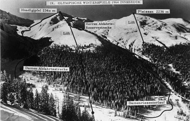 Proposed Ski Runs Winter Olympic A view of the Hoadlgipfel and Pleissen mountains with the proposed ski runs for the 1964 Olympic Winter games, Winterspiele,Spiele, Summer games which were held at Innsbruck . Austria  Copyright: xTopFotox UPI449118