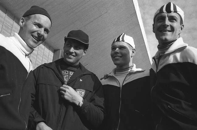 Speedskating Winter Olympics Crown Prince Harald , of Norway ( 2nd from left ) , congratulates his victorious countrymen after they had gained the first three places in the men s 5000 metres speedskating event of the Winter Olympics . Seen left to right , Knut Johannesen ( gold ) , Crown Prince Harald , Per Ivar Moe ( silver ) , and Fred Anton Maier ( bronze ) . 6th February 1964 Austria  Copyright: xTopFotox UPI471120