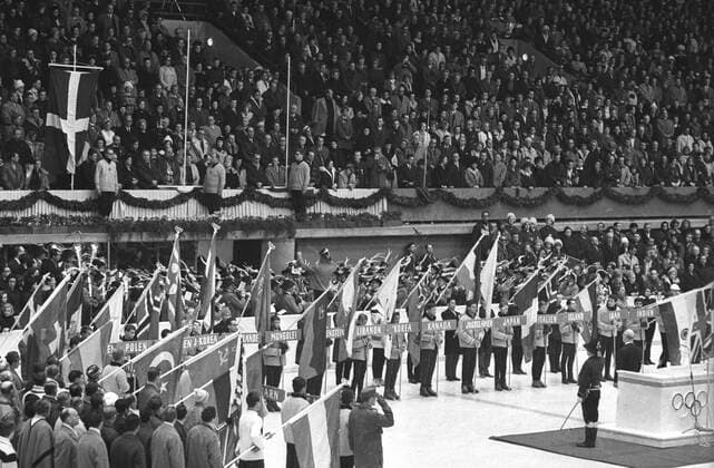 Closing Ceremony Winter Olympics General view of the closing ceremony of the Winter Olympic Games, Olympische Spiele, Olympia, OS in the ice stadium . On right , Mr Avery Brundage , of America , President of the International Olympics Committee . 10th February 1964 Austria  Copyright: xTopFotox UPI471341