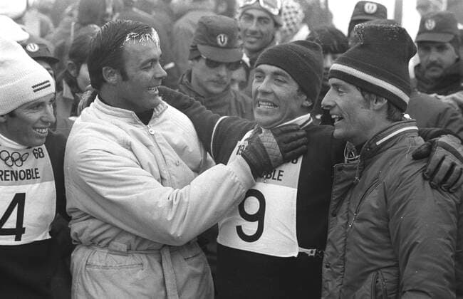 Slalom Winter Olympics Austrian skier Karl Schranz being congratulated by teammate Toni Sailer ( left ) and Frenchman Jean Claude Killy after winning the Olympic slalom event . 18th February 1968 France  Copyright: xTopFotox UPI550973
