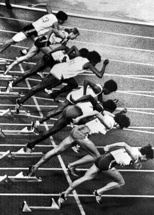 Off to a perfect start Off to a perfect start Off to a perfect start in the womens 100 meter Olympic final . The unusal photo shows the starting styles of every athlete in the race. The line up from top to bottom is Cheng Chi of Taiwan , Raelene Boyle of Australia , Wyomia Tyus of the United States , Margaret Bailes of the United States , Barbara Ferrel of the United States , Miguelina Cobin of Cuba , Irena Szewinski of Poland and Dianne Burge of Australia . Wyomia Tyus of the United States won the race in a world record time 15th October 1968 Mexico  Copyright: xTopFotox UPI562826