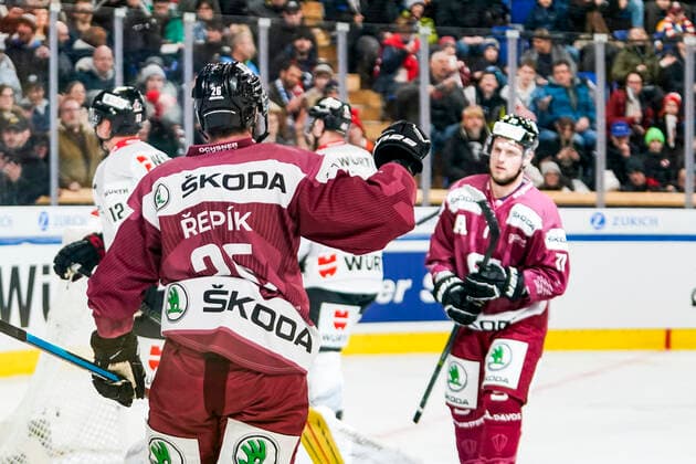 DAVOS, SWITZERLAND - DECEMBER 26: Michal Repik of Sparta Prague (L) celebrates his goal during the match between HC Sparta Praha and Team Canada at Hockey Club Davos on December 26, 2022 in Davos, Switzerland. Davos Graubunden Switzerland Copyright: xJustPictures.ch JarixPestelaccix