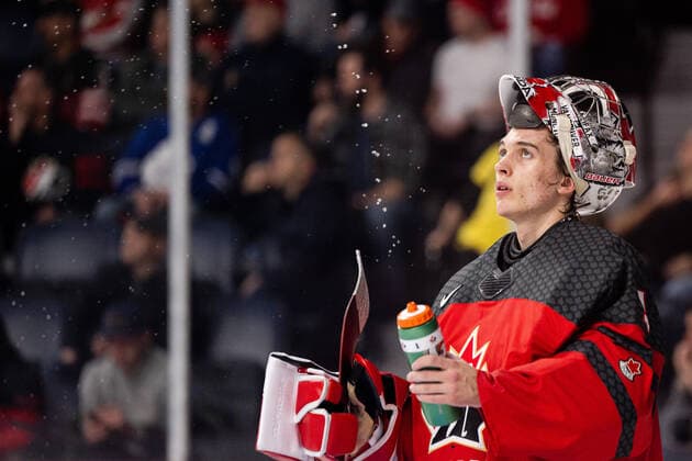 Eishockey, U20 WM, Kanada - Deutschland 221228 Goalkeeper Thomas Milic of Canada during the 2023 IIHF World Junior Championship game between Canada and Germany on December 28, 2022 in Halifax. Photo: Simon Hastegard BILDBYRAN kod SH SH0389 ishockey Ice hockey, Eishockey jvm junior-vm u20 2023 iihf world junior championship world juniors canada kanada tyskland germany bbeng Copyright: SIMONxHASTEGARD BB221228SH095