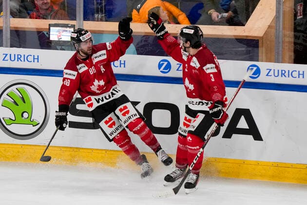 DAVOS, SWITZERLAND - DECEMBER 29: Chris Didomenico of Team Canada (L) celebrates his goal with Josh Brook of Team Canada (R) during the match between Orebro HK and Team Canada at Eisstadion Davos on December 28, 2022 in Davos, Switzerland. Davos Graubunden Switzerland Copyright: xJustPictures.ch JarixPestelaccix